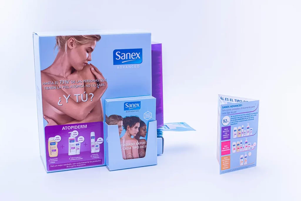 Dispensador muestras con porta folletos print Sanex