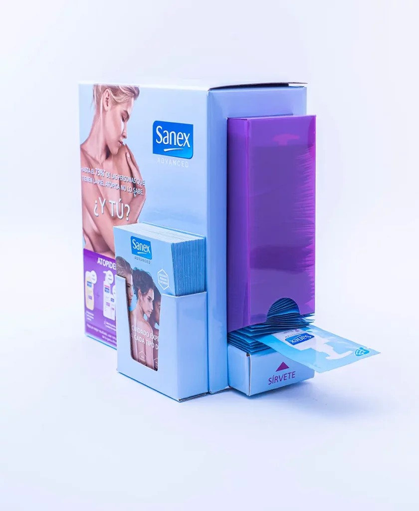 Dispensador muestras con porta folletos print Sanex