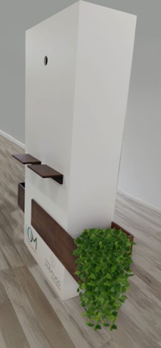 Mueble PLV vista lateral con estantes de madera, acabado en color claro y elementos de vegetación.