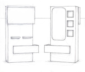 Dibujo técnico preliminar del expositor para centros auditivos con pantalla y cartelería.
