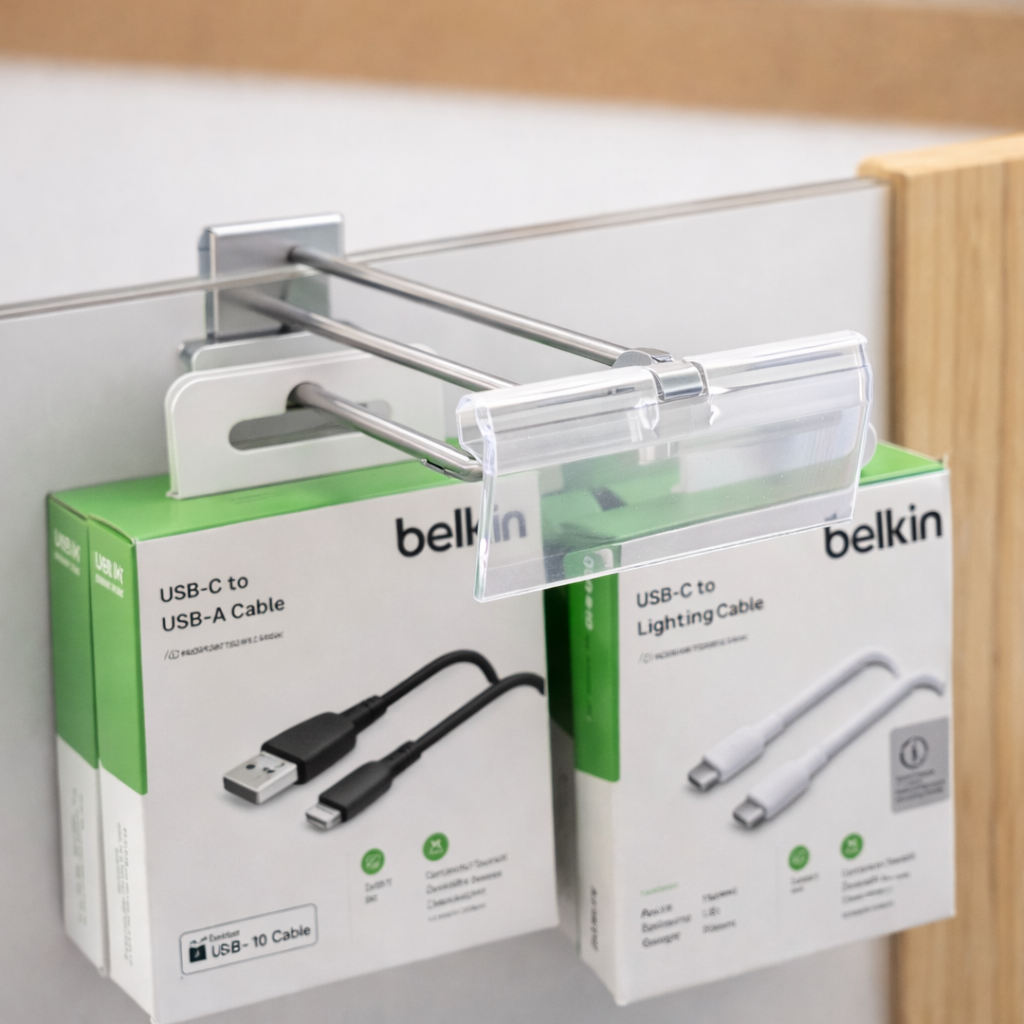 detalle gancho plv belkin con cables usb y sistema de cartela transparente