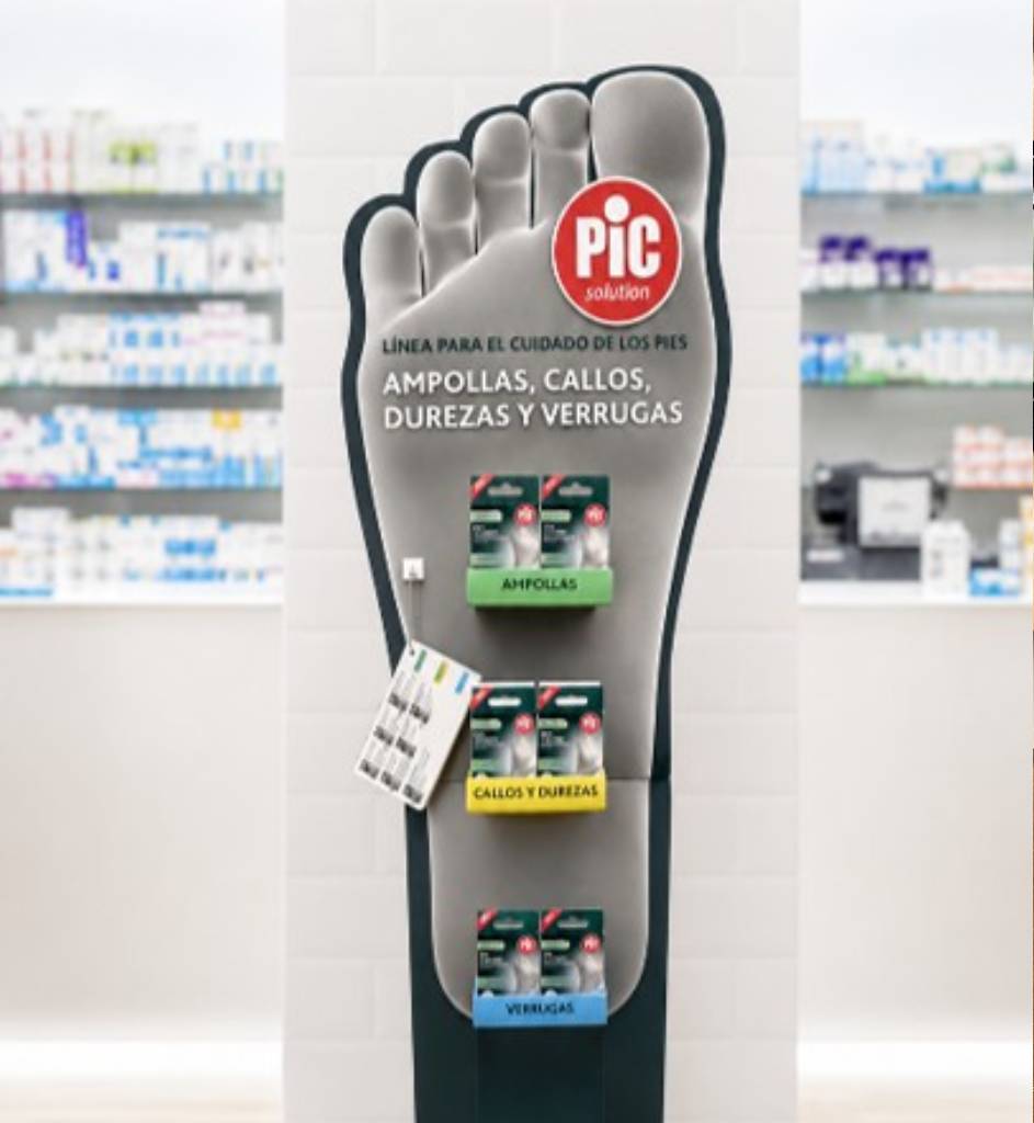 Expositor PLV de cartón para productos de cuidado de los pies en farmacia