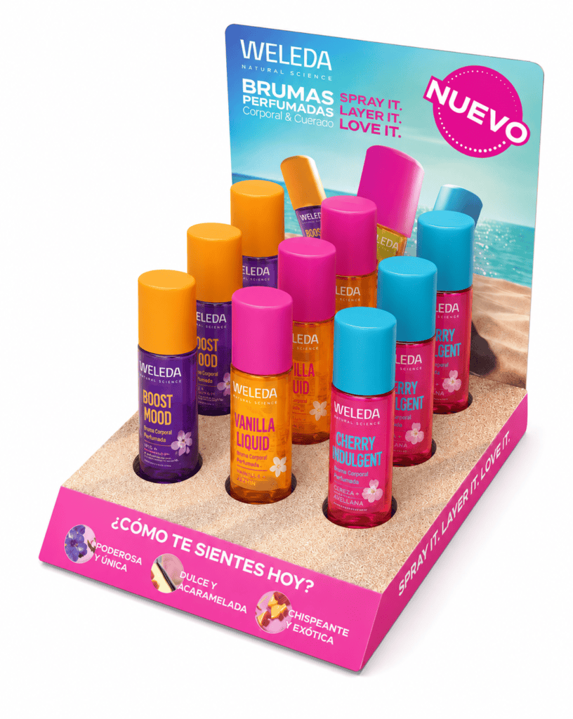 Expositor PLV de cartón diseñado por Mayence para el lanzamiento de brumas perfumadas Weleda