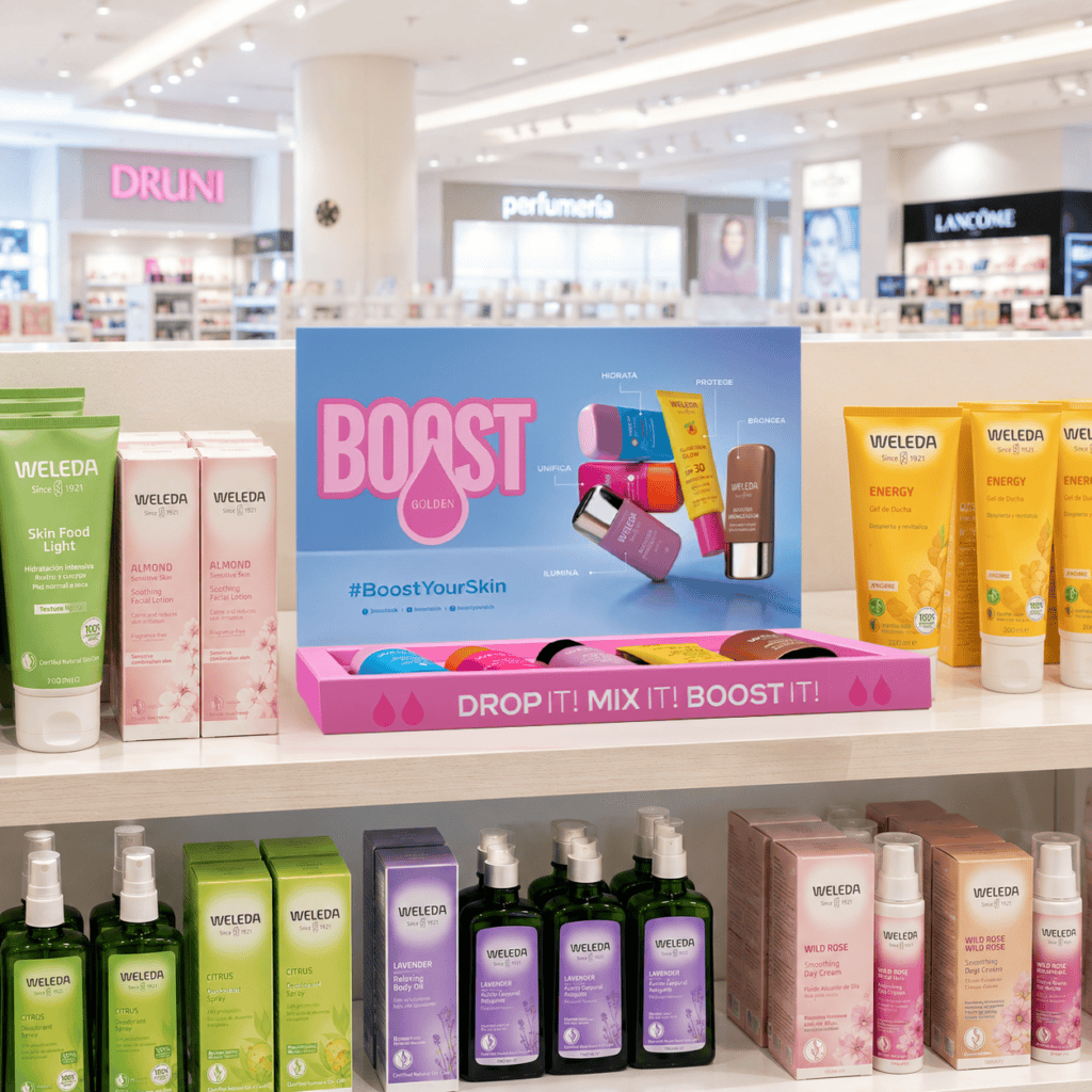 Lineal promocional Weleda con campaña Boost diseñado por Mayence para el lanzamiento de productos de cosmética natural.