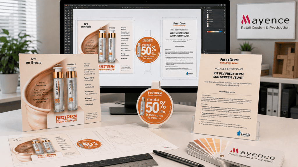 Diseño del kit PLV Frezyderm para farmacia desarrollado por Mayence.