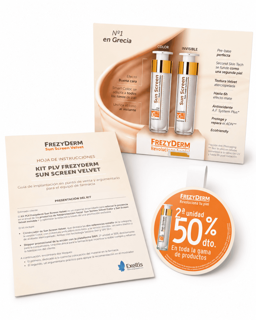 Elementos PLV Frezyderm Sun Screen Velvet para lanzamiento en farmacias y parafarmacias.