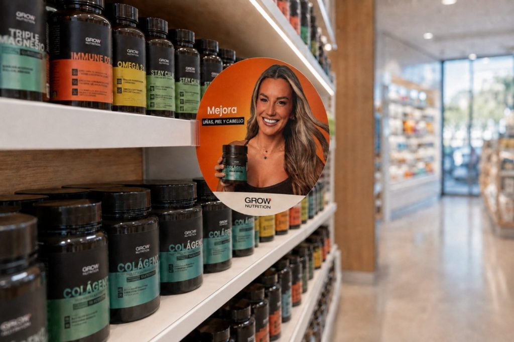 Cortatráfico PLV de GROW Nutrition instalado en lineal de farmacia.