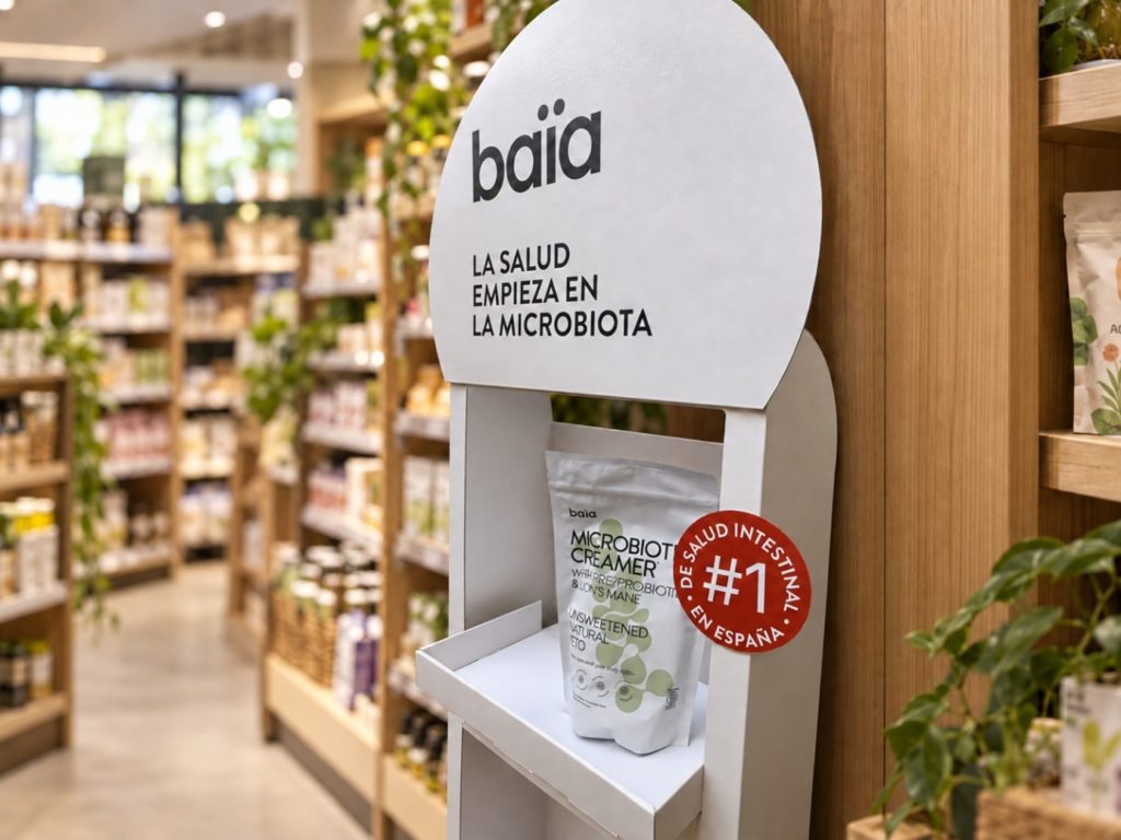 Detalle del expositor PLV Baïa Food para Microbiotic Creamer