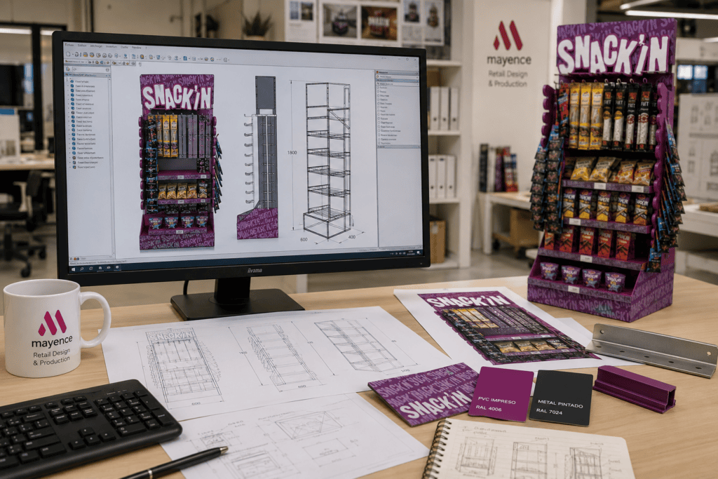 Diseño técnico del expositor PLV permanente de metal para Campofrío Snack’in desarrollado por Mayence.