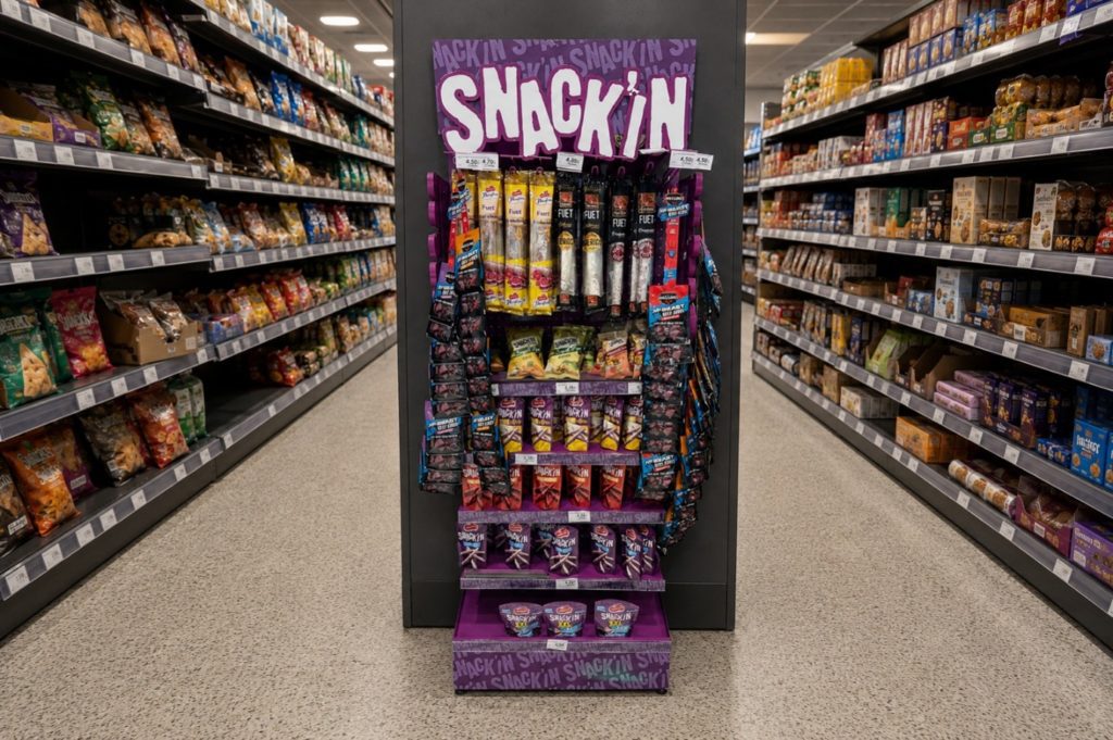 Expositor PLV permanente Snack’in de Campofrío instalado en supermercado.