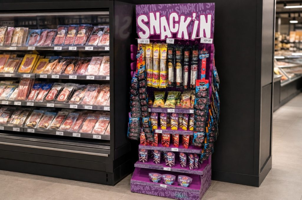 Mobiliario PLV permanente de metal para Campofrío Snack’in en gran distribución.