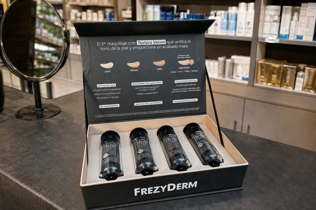 Pack de presentación PLV Frezyderm Velvet Colors en farmacia