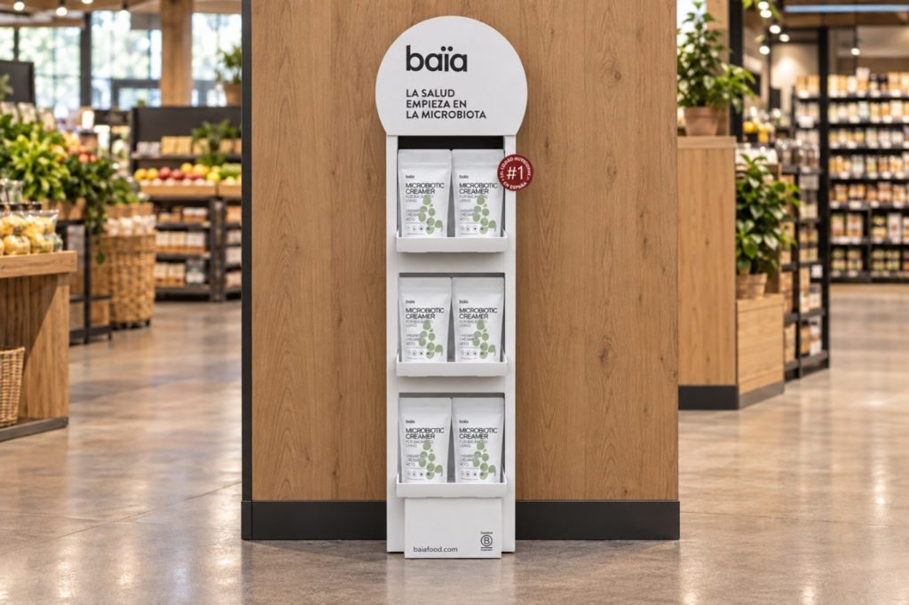 Expositor PLV de suelo para Baïa Food diseñado y fabricado por Mayence