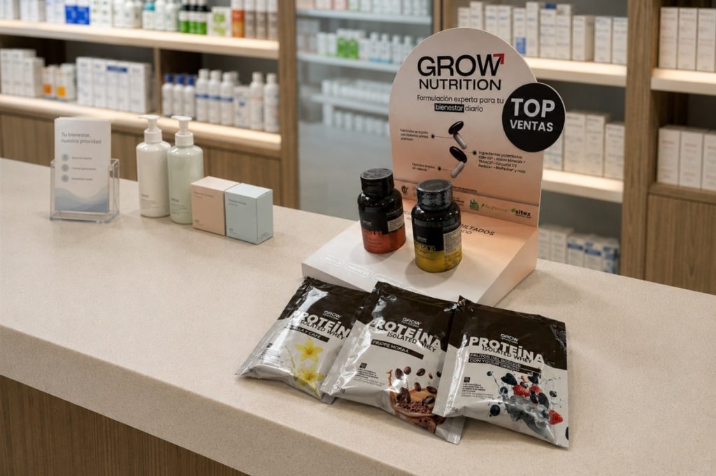 PLV temporal de GROW Nutrition integrada en el punto de venta farmacéutico.