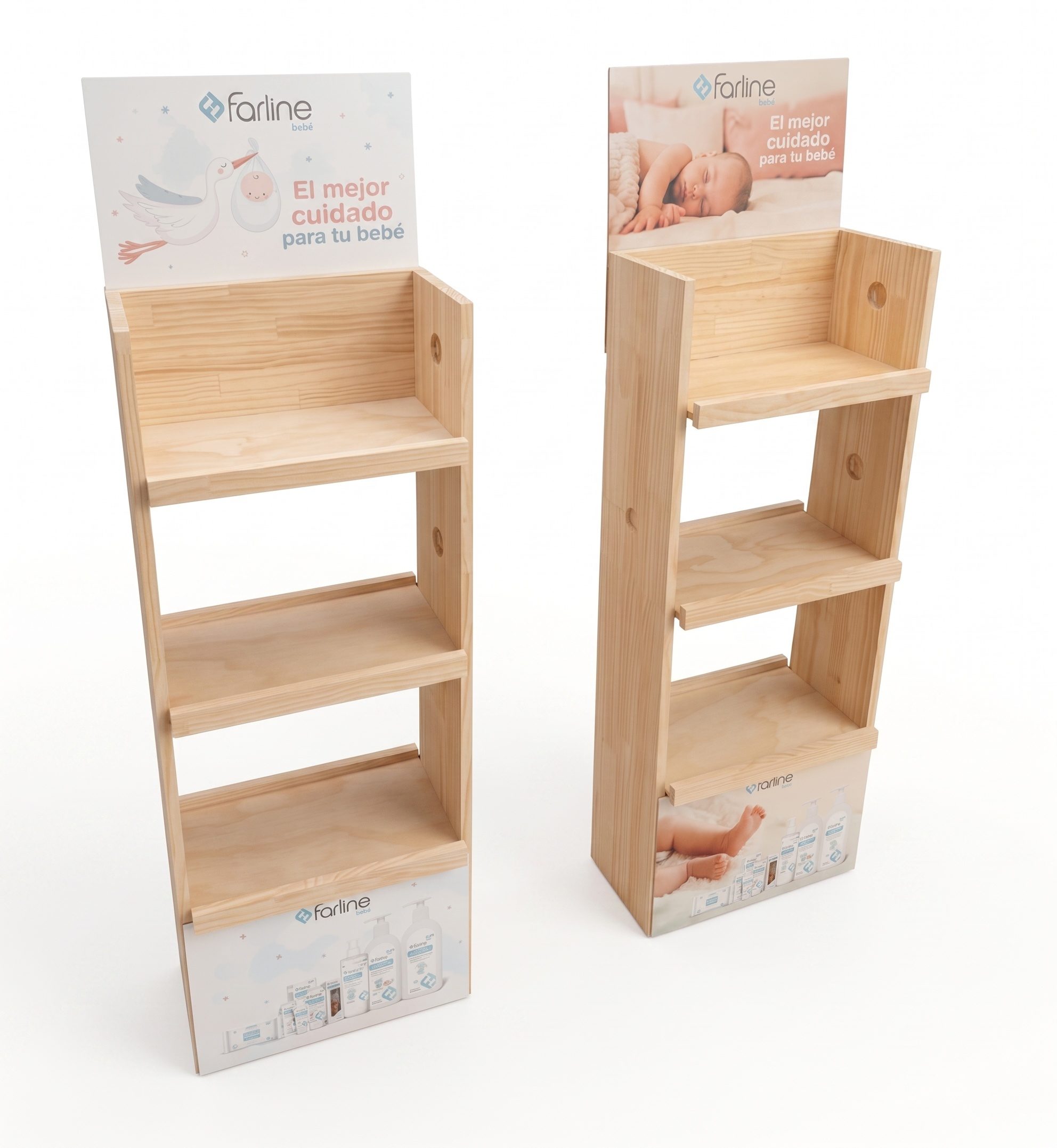 Farline – Expositor permanente en madera natural para la gama Bebé