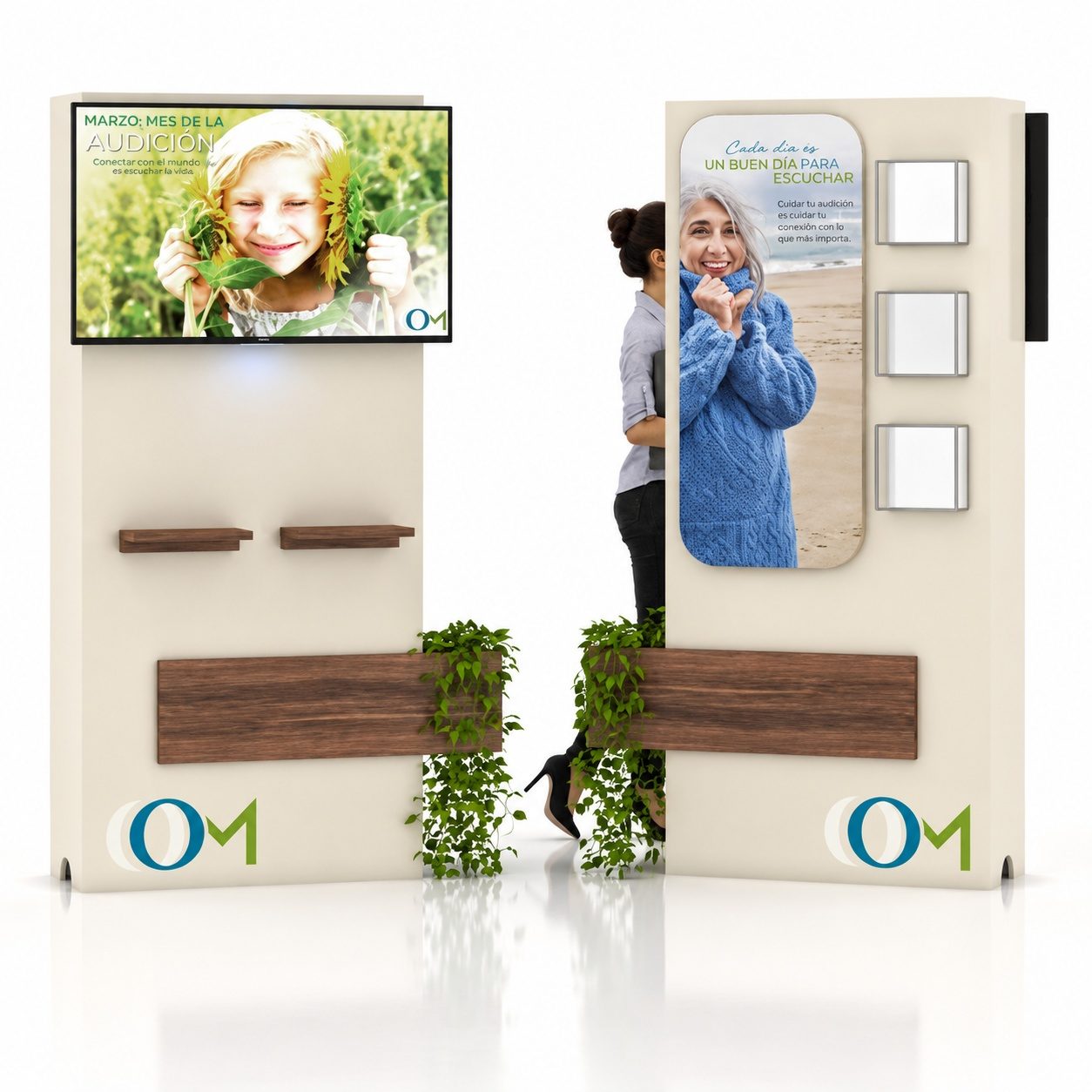 Mueble PLV de madera para Grupo OM: comunicación clara y diseño funcional para centros auditivos