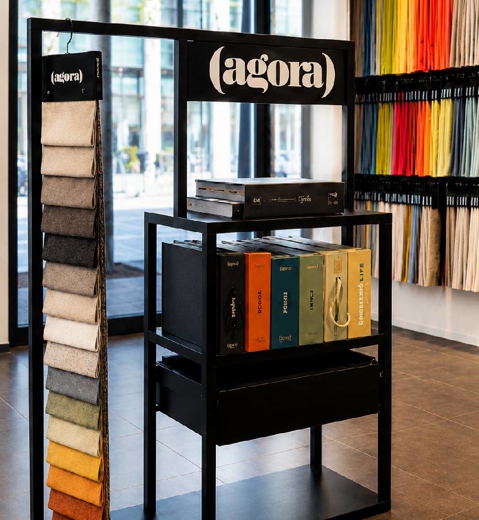 Expositor PLV permanente para Ágora: diseño, funcionalidad y elegancia para showroom textil