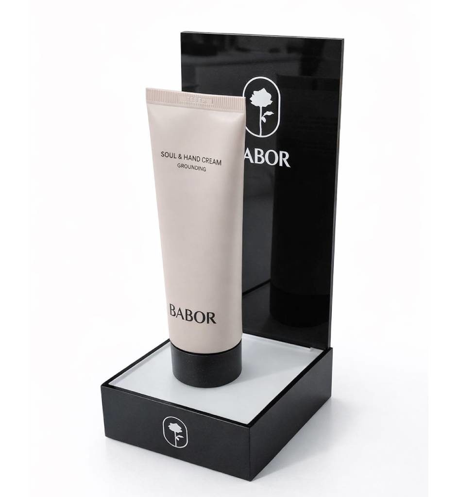 Expositor de metacrilato para cremas con cabecera para Babor