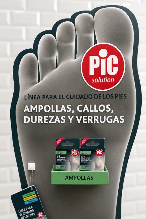 Expositor PLV de cartón para destacar productos de cuidado de los pies en farmacia