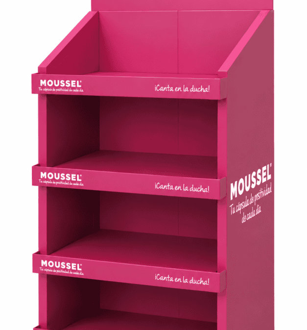 Expositor de suelo para Moussel: PLV personalizada para geles de ducha