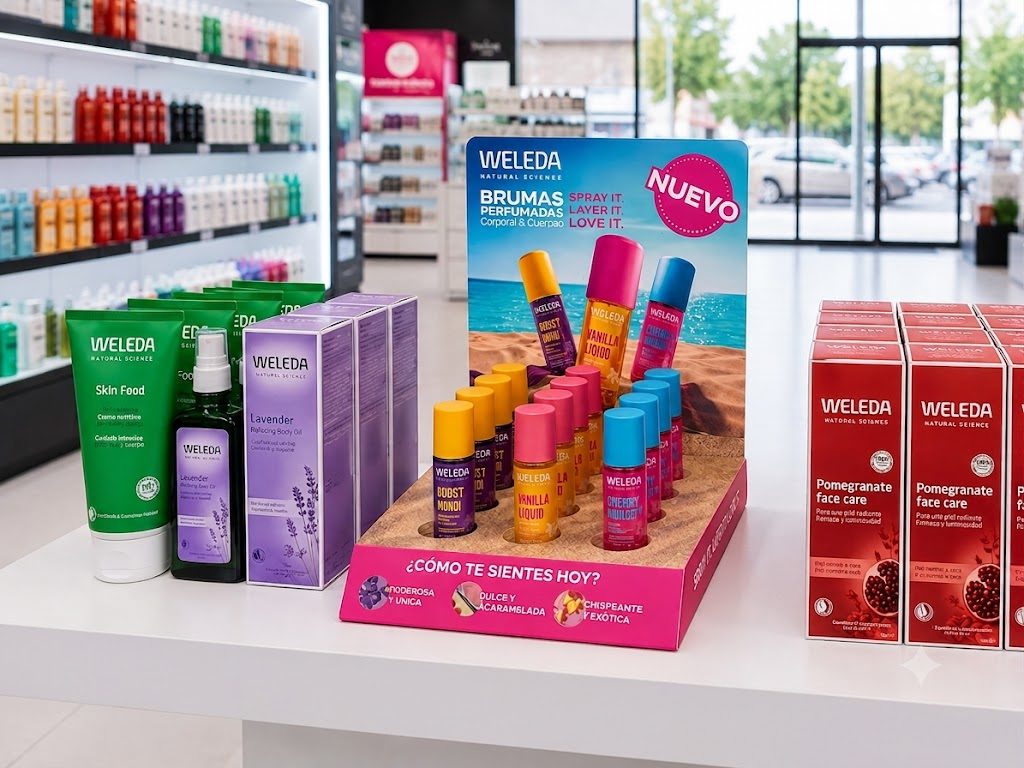 Glorificador PLV de cartón para campañas de cosmética natural – Proyecto Weleda