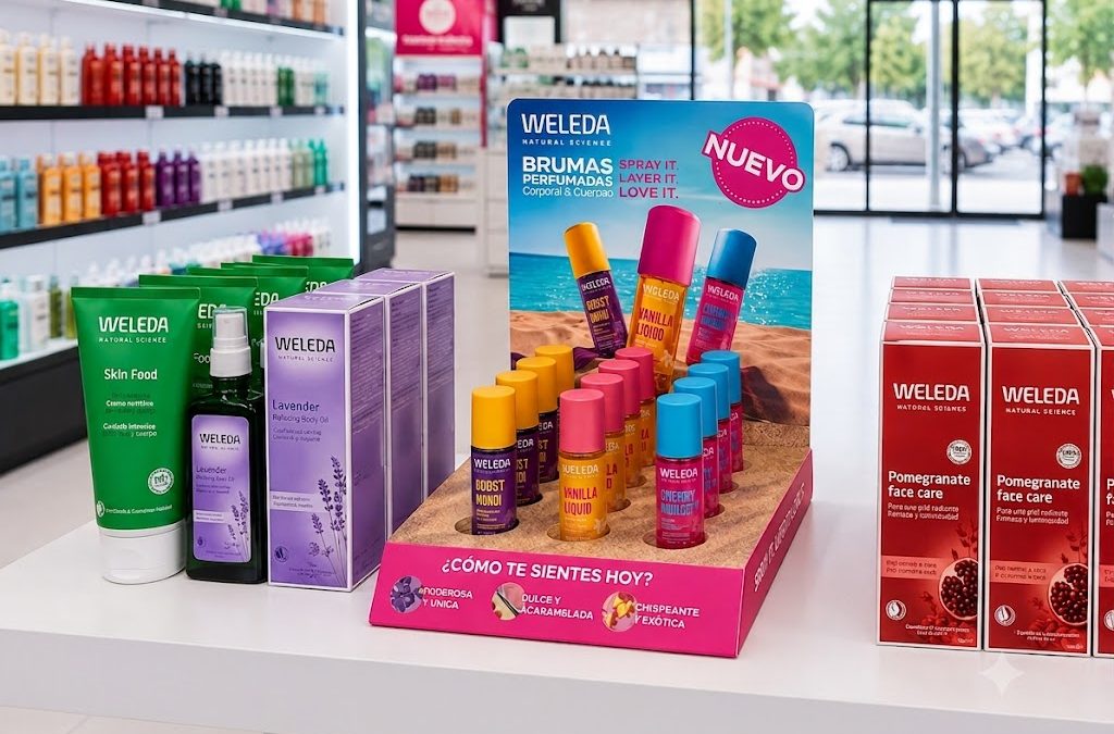 Glorificador PLV de cartón para campañas de cosmética natural – Proyecto Weleda